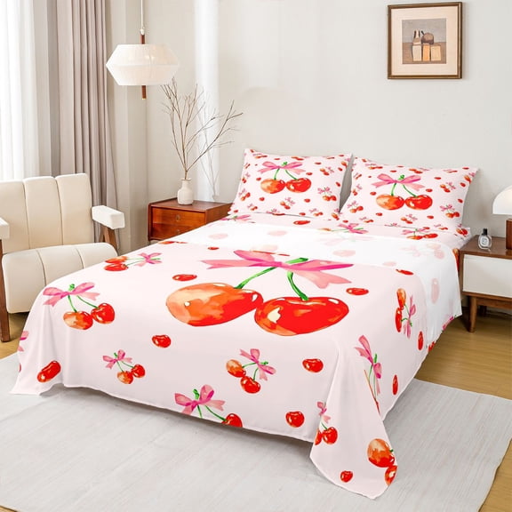 Homewish Cherry Bow Pink Full 4-Piece Reversible Teens Red Cute Ribbon Floral Sheet Set