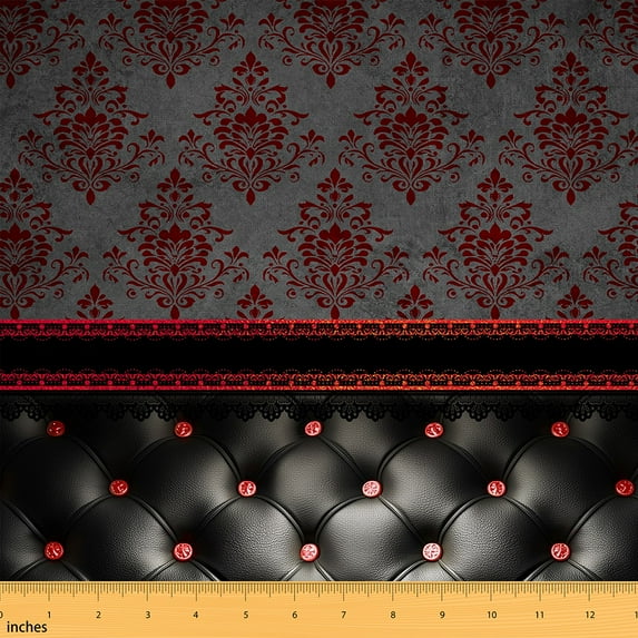 Homewish Red Damask Floral Fabric by the Yard 1 Yard for Female, Tribal Fashion Room Decor Fabric by the Yard, Vintage Bohemian Style Sewing Fabric, Breathable Home Decor