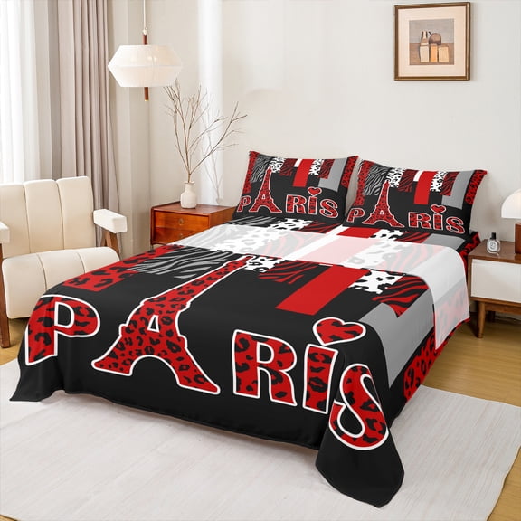 Homewish Red Eiffel Tower Twin Sheet Sets, Romantic Valentines Day Twin Fitted Sheet, Chic Leopard Zabra Print Flat Sheet, Luxury Bedroom Decor, 3pcs