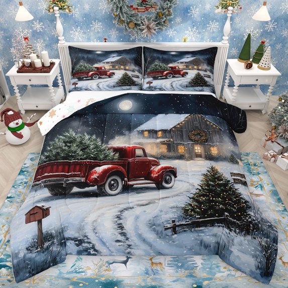 Homewish Red Farmhouse Truck Full Size Comforter Sets,Rustic Christmas Tree Bedding Comforter Set,Merry Xmas Bedding Sets For Adult,Ultra Soft Home Decor Reversible,3 Pieces