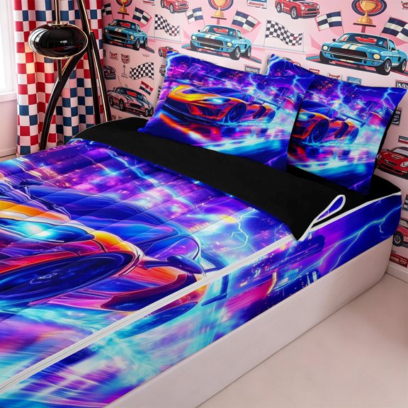 Homewish Red Fast Car Zipper Twin Comforter Sets with Fitted Sheet and 2 Pillowcases,Car Theme Abstract Lightning Zipper Bedding Set for Teens,4-Piece,Black Reversible