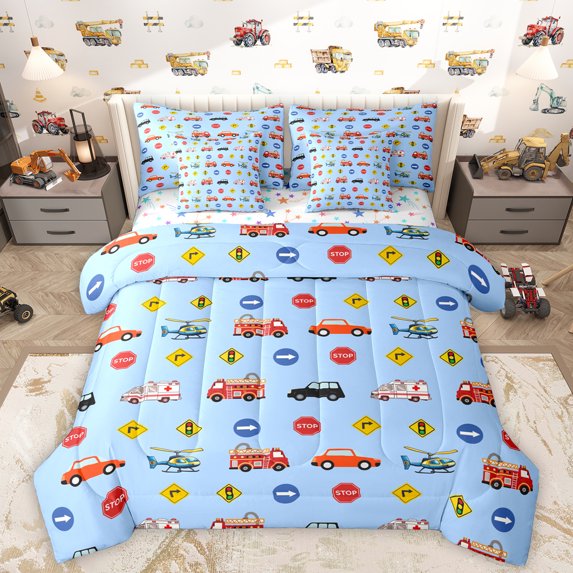 Homewish Red Fire Truck 7pcs Bedding Comforter Set,Ambulance Queen Bedding Sets,Cartoon Aircraft Airplane Queen Sheet Sets For Boys Kids,Ultra Soft Home Decor Reversible