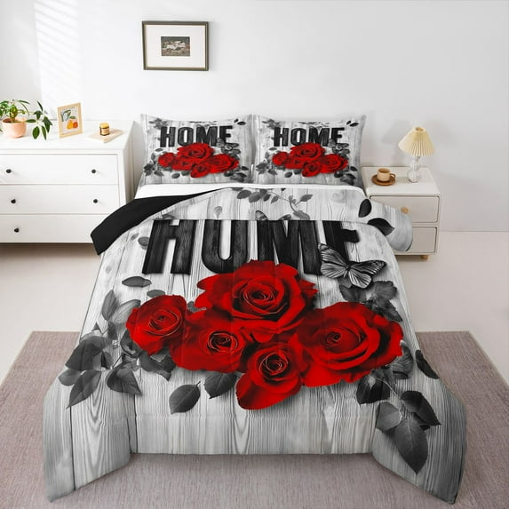 Homewish Red Floral Rose 3-Piece Full Size Comforter Sets for Teens Female Men,Flying Butterflies Bedding Comforter Set,Rustic Retro Vintage Lightweight Bedding Sets,Breathable Home Decor,Reversible