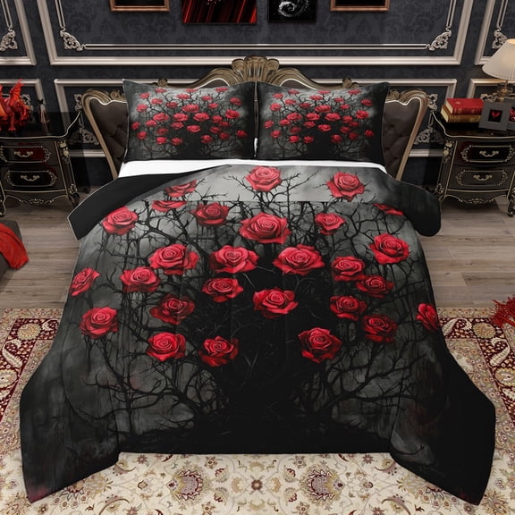 Homewish Red Floral Rose 3 Pieces Queen Comforter Set for Boys Girls,Gothic Style Ultra Soft Bedding Sets,Romantic Valentine Bedding Comforter Set Breathable,Super Cozy Room Decor,Reversible