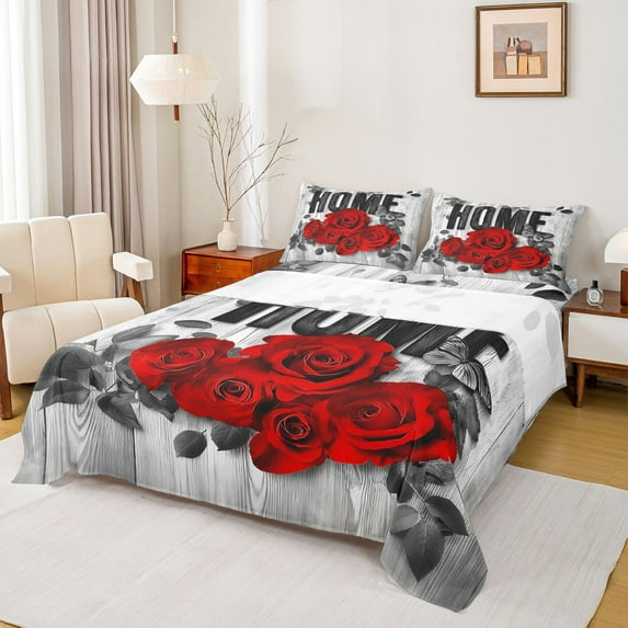 Homewish Red Floral Rose 4-Piece Full Size Sheets for Teens Female Men,Flying Butterflies Bed Sheets,Rustic Retro Vintage Lightweight Sheet Sets,Breathable Home Decor