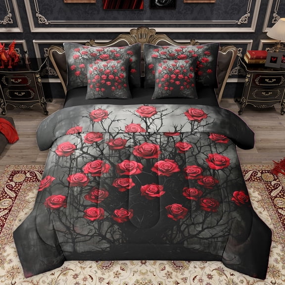 Homewish Red Floral Rose Twin Bedding Sets 7-Piece for Boys Girls,Gothic Style Bedding Comforter Set Microfiber,Romantic Valentine Breathable Sheet Sets,Super Cozy Room Decor,Reversible