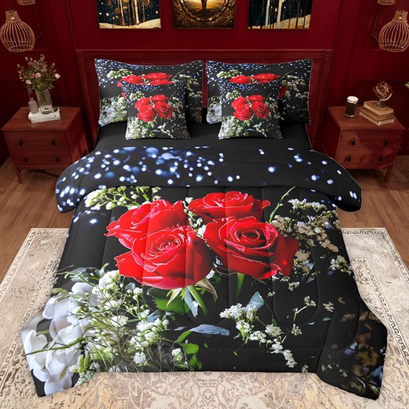 Homewish Red Flower Floral Bedding Comforter Set 7 Pieces, Valentines Day Rose Full Bedding Set, Teens Adult Women Men Reversible Fitted Sheet Flat Sheet, Breathable Home Decor