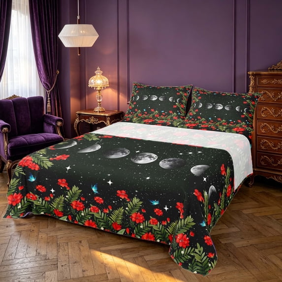 Homewish Red Flower Floral Queen Sheets, Bohemian Moon Phase Queen Sheet Sets, 4 Pieces, 1 Flat Sheet, 1 Fitted Sheet and 2 Pillowcases
