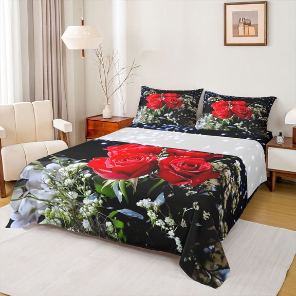 Homewish Red Flower Floral Twin Sheet Sets, Valentines Day Rose Twin Fitted Sheet, Teens Adult Women Men Flat Sheet, Breathable Home Decor, 3 Pieces