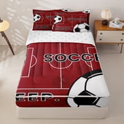 Homewish Red Football Court Zipper Twin Comforter Sets with Fitted Sheet and 2 Pillowcases,Soccer Sport Game Ball Theme Zipper Bedding Set For Kids Boys,Reversible,4-Piece