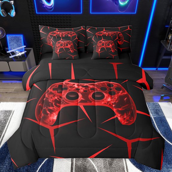 Homewish Red Gamer 7-Piece Full Comforter Set for Teens, Video Game Design