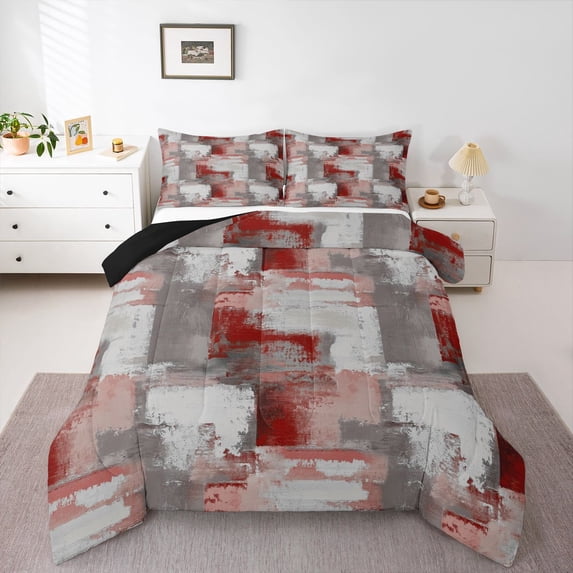 Homewish Red Geometric Plaid Queen Comforter Set,Retro Abstract Comforter Sets Queen,Black Reversible,3pcs,1 Comforter and 2 Pillowcases