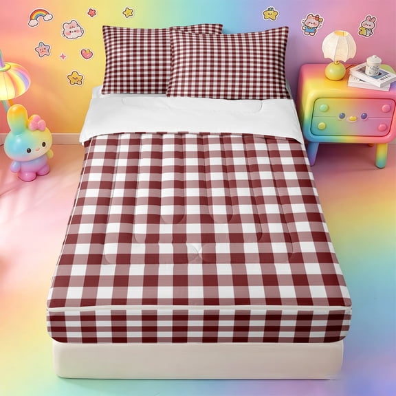 Homewish Red Geometric Plaid Zipper Twin Comforter Sets with Fitted Sheet and 2 Pillowcases,Minimalist Grid Print Zipper Bedding Set For Girls,4-Piece