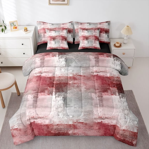 Homewish Red Gradient Plaid 7-Piece Twin Bedding,Abstract Geometric Bedding Comforter Set,Black Reversible