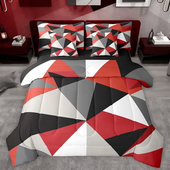 Homewish Red Gray Geometric 7-Piece Bedding Comforter Set,Triangle Plaid Pattern King Bedding Sets,Modern Abstract Grid Bed Sheets For Boys Girls,Microfiber Bedroom Decor Reversible