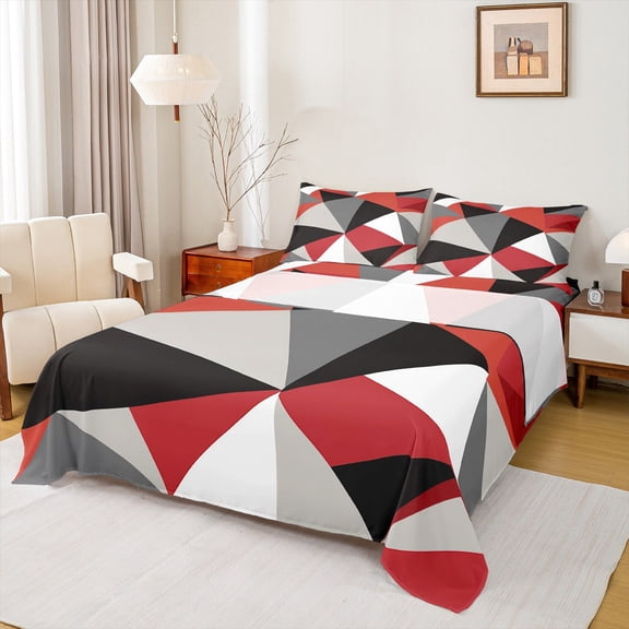 Homewish Triangle Red Gray Queen 4-Piece Reversible Boys Girls Microfiber Modern Abstract Plaid Grid Geometric Sheet Set