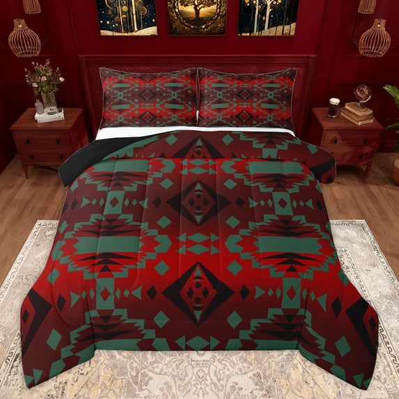 Homewish Red Green Aztec Queen Comforter Set, Vintage Triangle Abstract Bedding Sets, Western Hippie Bohemian Reversible Bedding Comforter Set, Luxury Bedroom Decor, 3-Piece