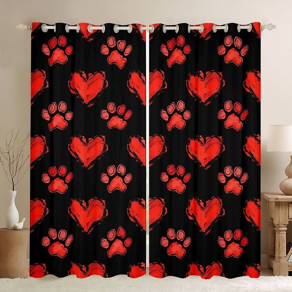 Homewish Red Heart Paws Kitchen Curtains,Valentine Themed Black Out Curtains Pack of 2 (42x63 Each)