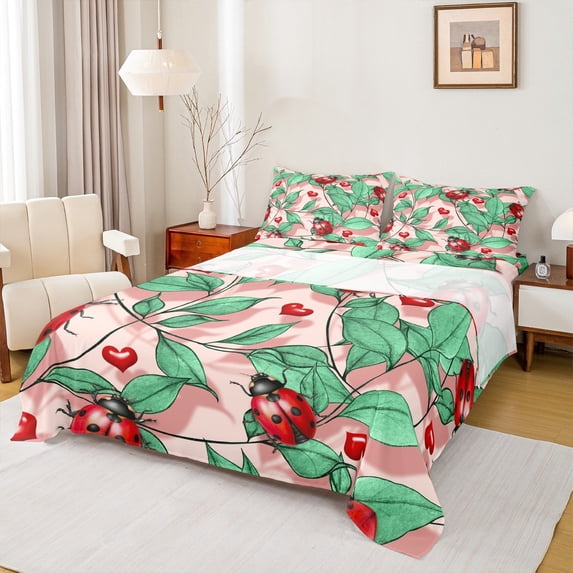 Homewish Red Ladybug 4pcs Bed Sheets for Female Men Adults,Green Tree Leaves King Sheets,Love Heart Print Super Cozy Sheet Set,Microfiber Bedroom Decor