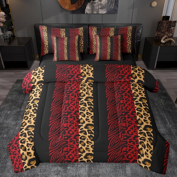 Homewish Red Leopard Print Bedding Comforter Set 7pcs for Women, Modern Zebra Cheetah Print Queen Bedding Sets, Fashion Abstract Reversible Queen Sheet Sets, Lightweight Room Decor