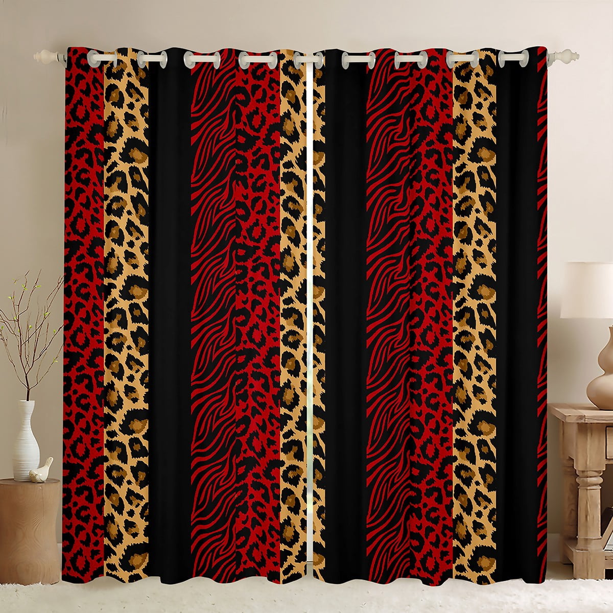Homewish Red Leopard Print Blackout Curtains Set of 2 (52x84 Each) for Women, Modern Zebra Cheetah Print Window Curtains, Fashion Abstract Curtains and Drapes, Black Out Curtains Room Decor