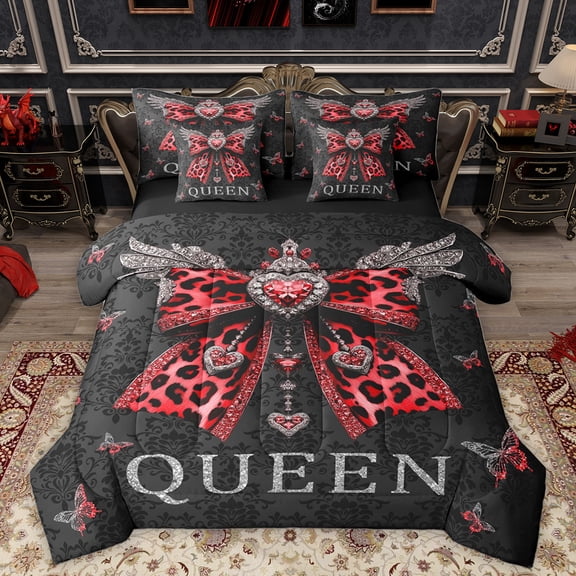 Homewish Red Leopard Print Ribbon Bedding Comforter Set 7pcs for Teen, King and Queen Queen Bedding Sets, Butterfly Damask Flower Reversible Queen Sheet Sets, Super Cozy Room Decor