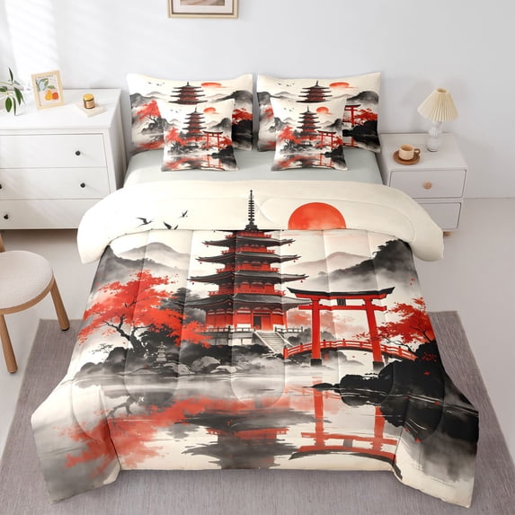 Homewish Red Maple Leaf 7-Piece Twin Bedding,Traditional Japanese Architecture Bedding Comforter Set,Light Gray Reversible