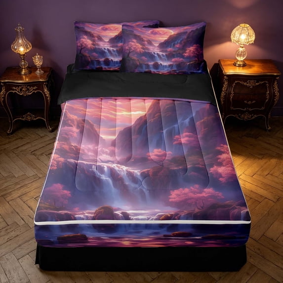 Homewish Red Moon Mountain Zipper Queen Comforter Set with Fitted Sheet and 2 Pillowcases, Nature Theme Zipper Bedding Set, Black Reversible