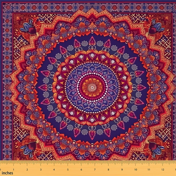Homewish Red Navy Tribal Damask Fabric by the Yard 1 Yard for Adult, Bohemian Flower Floral Room Decor Fabric by the Yard, Hippie Mandala Theme Sewing Fabric, Microfiber Bedroom Decor