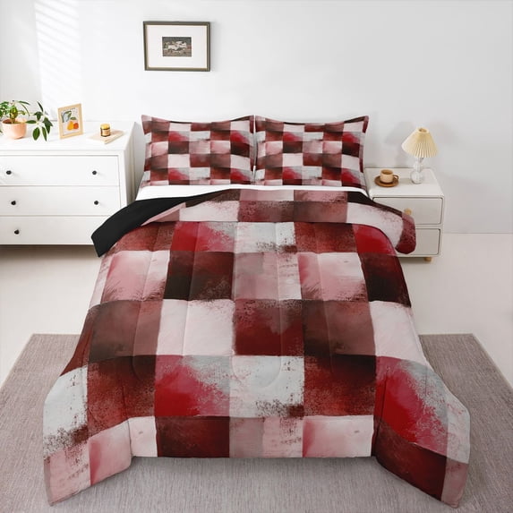 Homewish Red Ombre Plaid Full Size Comforter Sets,Abstract Geometric Bedding Comforter Set,Black Reversible,3-Piece,1 Comforter and 2 Pillowcases