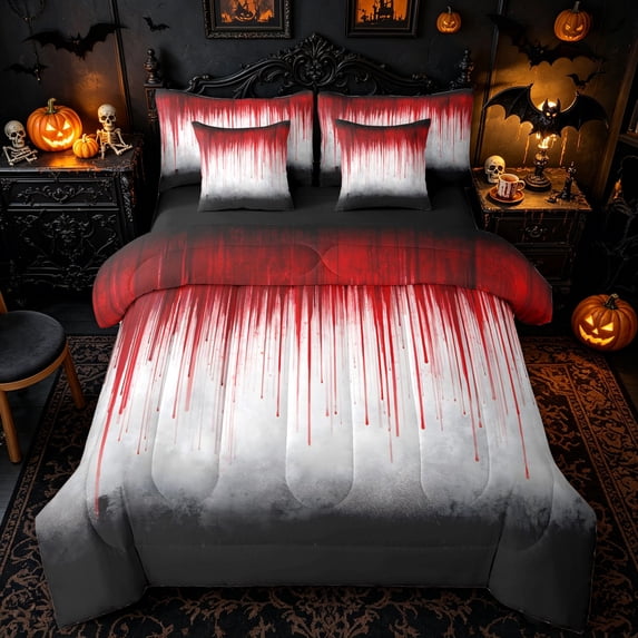 Homewish Red Paint Drip Background Twin Bedding for Adults, Gradient Lines Gothic Horror Bedding Comforter Set, Black Reversible, 7pcs