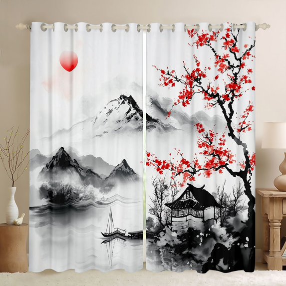 Homewish Red Peach Blossom Curtains Pack of 2 (42x84 Each),Japanese Fuji Mountain Curtains Blackout,Japanese Style Bedroom Curtains For Men Women,Super Cozy Room Decor