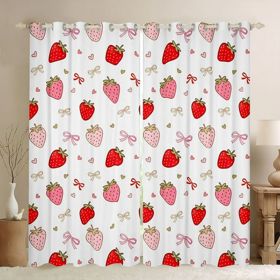 Homewish Red Pink Strawberry Blackout Curtains Set of 2 (52x84 Each) for Girls, Kawaii Cartoon Bowknot Window Curtains, Love Heart Bowknot Curtains and Drapes, Curtains and Drapes Decor