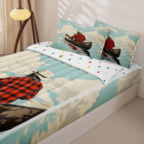 Homewish Red Plaid Boat Lake Zipper Twin Comforter Sets with Fitted Sheet and 2 Pillowcases, Retro Outdoor Adventure Zipper Bedding Set for Men and Women, Polka Dots Reversible, 4pcs