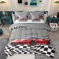 Homewish Red Racing Car 7-Piece Twin Bedding Sets,Checkerboard Race Flag Bedding Comforter Set,Red Gray Black Sheet Sets For Boys Kids,Ultra Soft Home Decor Reversible