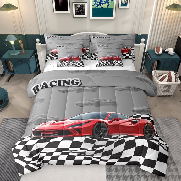 Homewish Red Racing Car 7-Piece Twin Bedding Sets,Checkerboard Race Flag Bedding Comforter Set,Red Gray Black Sheet Sets For Boys Kids,Ultra Soft Home Decor Reversible