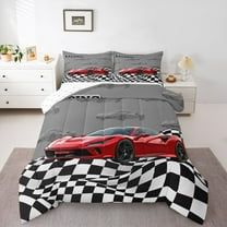 Homewish Red Racing Car Bedding Comforter Set,Checkerboard Race Flag Twin Comforter Sets,Red Gray Black Bedding Set For Boys Kids,Ultra Soft Home Decor Reversible,2-Piece