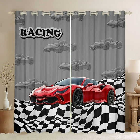 Homewish Red Racing Car Black Out Curtains,Checkerboard Race Flag Curtains Pack of 2 (42x63 Each),Red Gray Black Bedroom Curtains For Boys Kids,Ultra Soft Home Decor