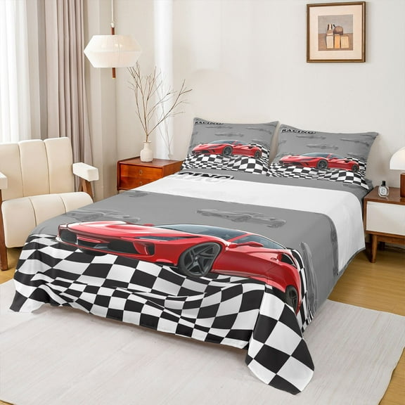 Homewish Red Racing Car Twin Sheet Sets,Checkerboard Race Flag Twin Fitted Sheet,Red Gray Black Flat Sheet For Boys Kids,Ultra Soft Home Decor,3-Piece