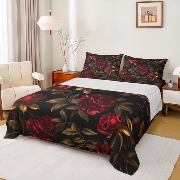 Homewish Red Rose 4pcs Bed Sheets For Teens Female Girls,Chic Flowers King Sheets,Spring Garden Super Cozy Sheet Set,Ultra Soft Home Decor