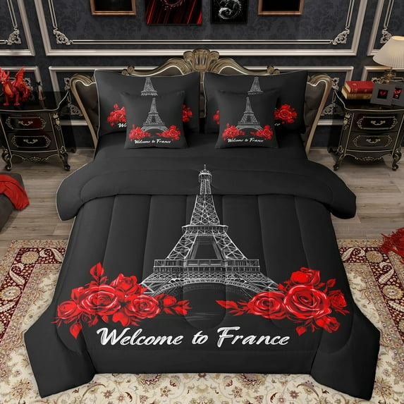 Homewish Red Rose 7-Piece Bedding Comforter Set,France Prias Eiffel Tower King Bedding Sets,Valentine'S Day Theme Bed Sheets For Men Women,Ultra Soft Home Decor Reversible