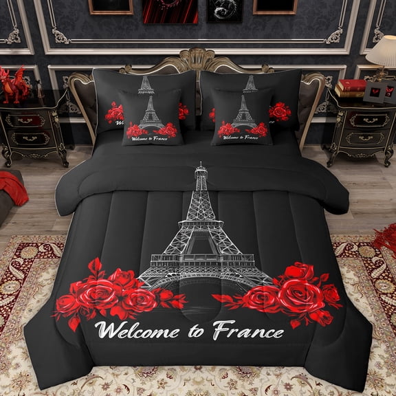 Homewish Red Rose 7 Pieces Bedding Comforter Set,France Prias Eiffel Tower Full Bedding Set,Valentine'S Day Theme Fitted Sheet Flat Sheet For Men Women,Ultra Soft Home Decor Reversible