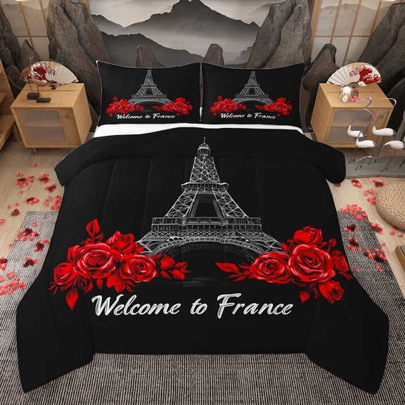 Homewish Red Rose Bedding Comforter Set,France Prias Eiffel Tower Twin Comforter Sets,Valentine'S Day Theme Bedding Set For Men Women,Ultra Soft Home Decor Reversible,2pcs