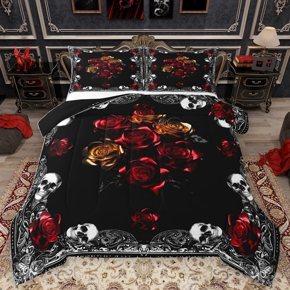 Homewish Red Rose Flower Bedding Comforter Set,Spooky Gothic Skull Twin Comforter Sets,Boho Bohemain Bedding Set For Girls Teens,Ultra Soft Home Decor Reversible,2-Piece