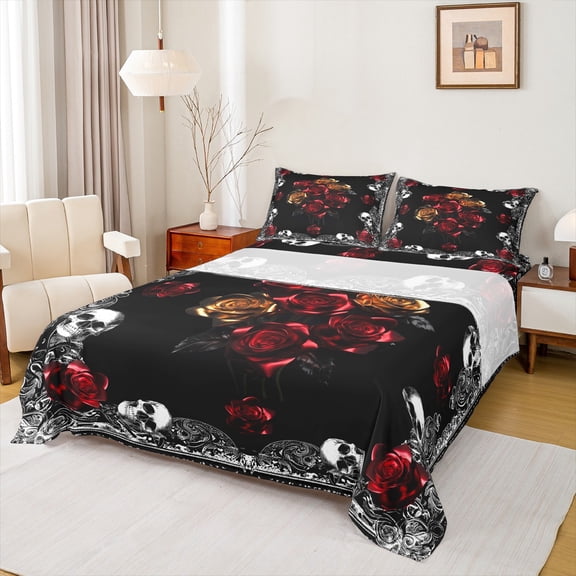 Homewish Red Rose Flower Twin Sheet Sets,Spooky Gothic Skull Twin Fitted Sheet,Boho Bohemain Flat Sheet For Girls Teens,Ultra Soft Home Decor,3-Piece