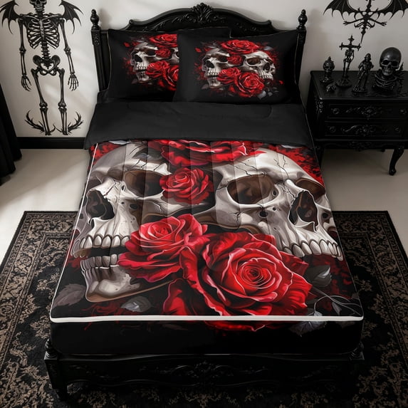 Homewish Red Rose Skulls Zipper Full Size Comforter Sets with Fitted Sheet and 2 Pillowcases for Women Men, Splatter Gothic Graffiti Art Zipper Bedding Set, Black Reversible, 4pcs