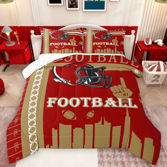 Homewish Red Rugby Helmet Full Size Comforter Sets,Boys Football Game Bedding Comforter Set,Sport City Theme Bedding Sets For Boys Teens,Luxury Bedroom Decor Reversible,3pcs