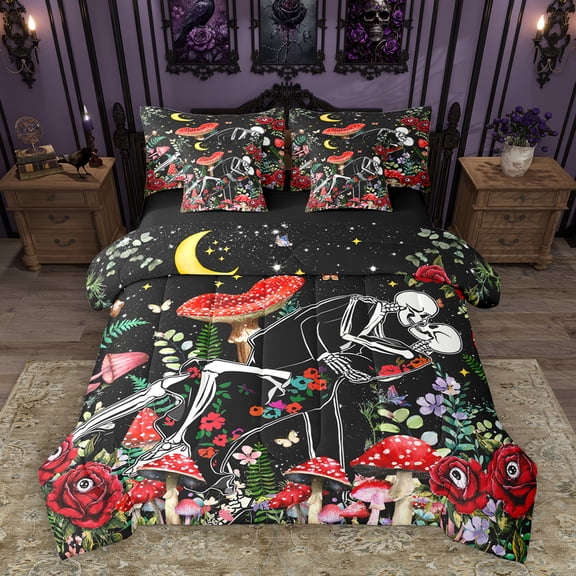Homewish Red Rustic Mushroom 7-Piece Bedding Comforter Set,Gothic Skull Skeleton King Bedding Sets,Colorful Country Floral Bed Sheets For Girls Kids,Luxury Bedroom Decor Reversible
