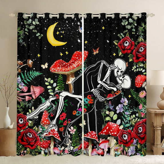 Homewish Red Rustic Mushroom Black Out Curtains,Gothic Skull Skeleton Curtains Pack of 2 (42x63 Each),Colorful Country Floral Bedroom Curtains For Girls Kids,Luxury Bedroom Decor