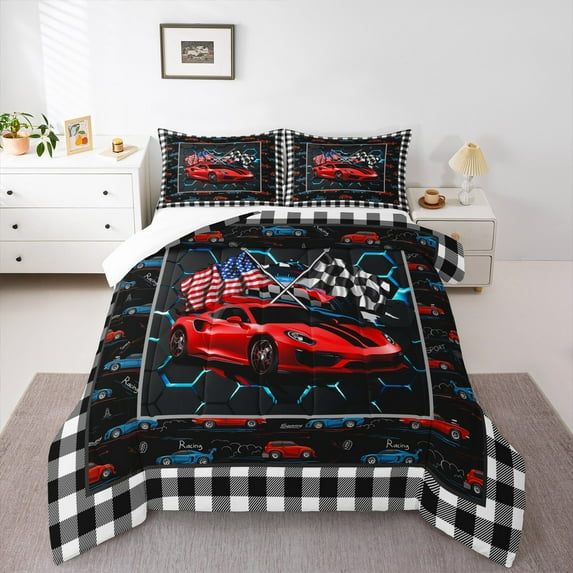 Homewish Red Sport Car Bedding Comforter Set 2pcs for Kids Children Teens,USA Flag Twin Comforter Sets Microfiber,Geometric Plaid Honeycomb Breathable Bedding Set,Lightweight Room Decor